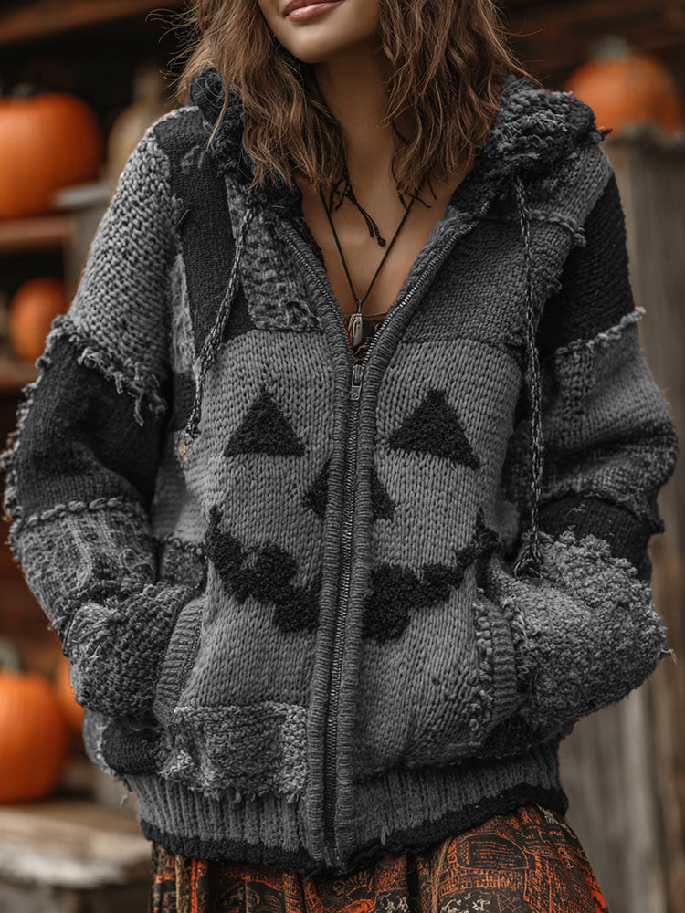 Patchwork Halloween Pumpkin Face Art  Cozy Knit Hooded Cardigan