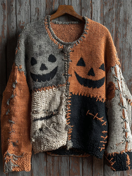 Halloween Pumpkin Face Colorblock Stitched Cozy Knit Sweater