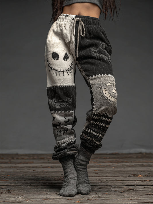 Halloween Spooky Faces Contrast Patchwork Washed Sweatpants