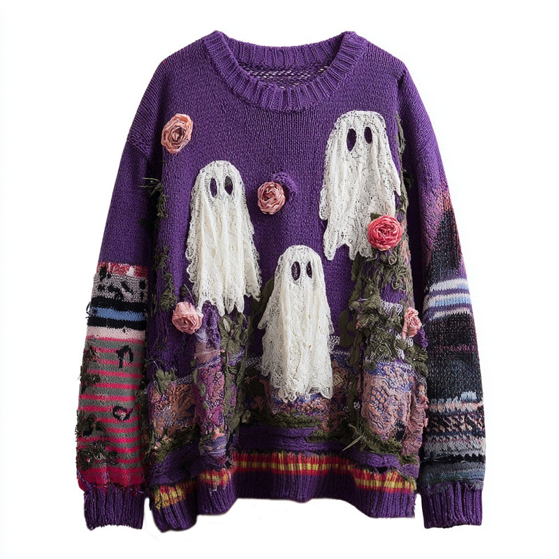 Vintage Ghost & Roses Embroidered Patchwork Cozy Knitted Sweater