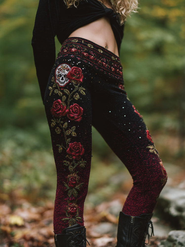 Women's Vintage Skull And Rose Pattern Comfortable Leggings