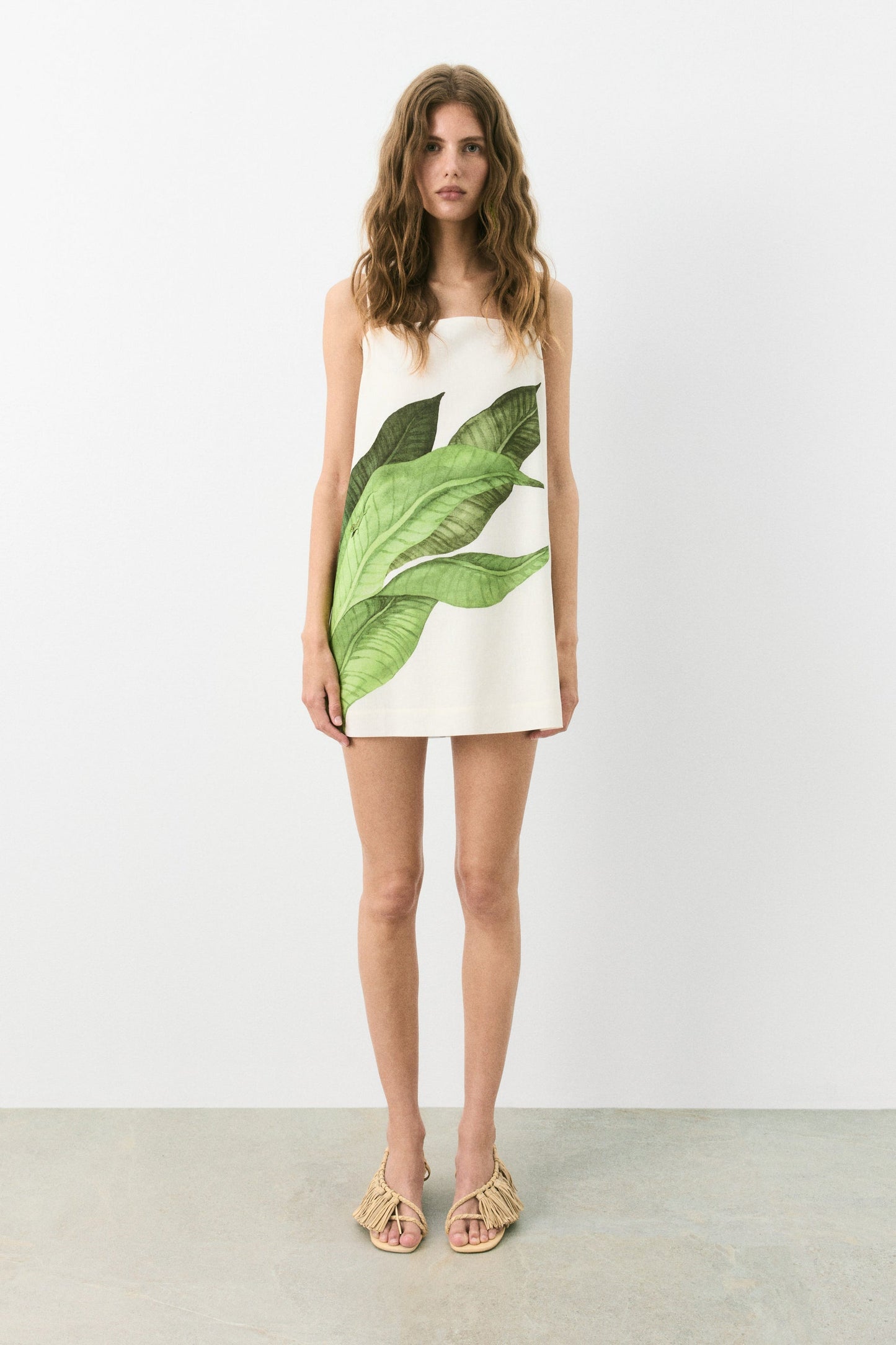 White Tropical Leaf Print Slip Dress