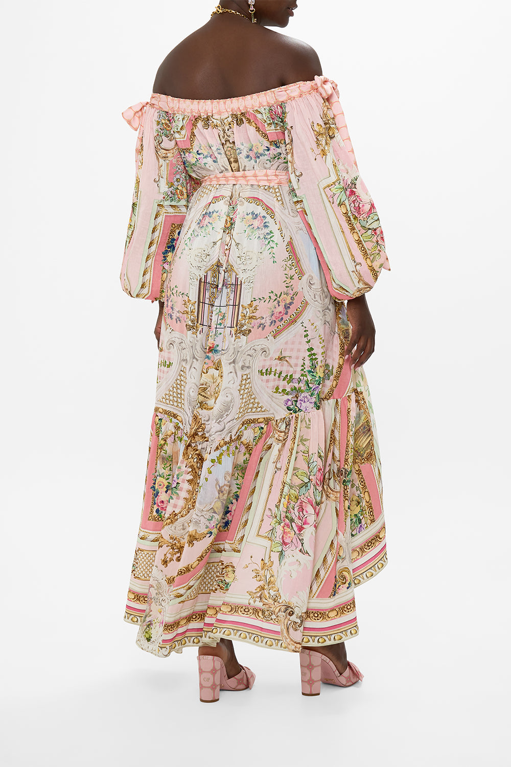 Pink Off - Shoulder High - Low Maxi Dress with Ornate Print
