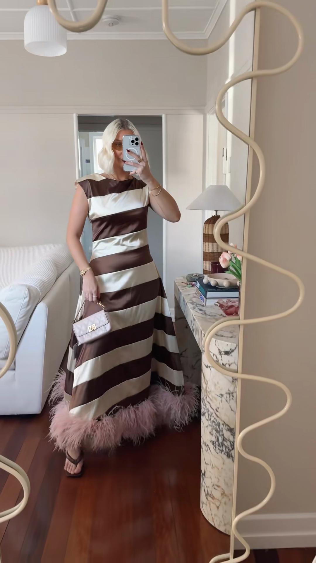 Striped Satin Midi Dress with Feather Trim