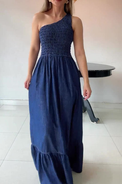One - Shoulder Smocked Denim Maxi Dress