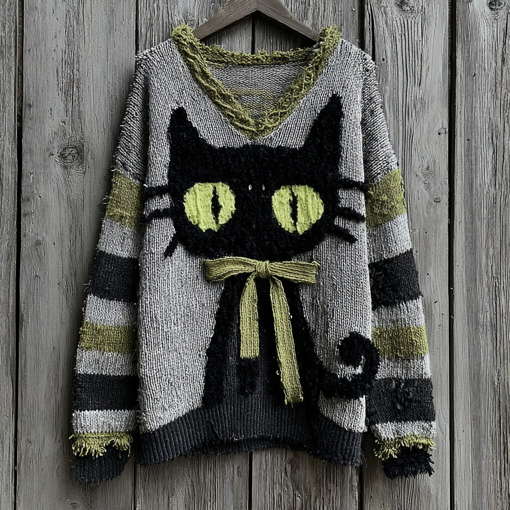 Halloween Black Cat Striped Knit V-neck Sweater