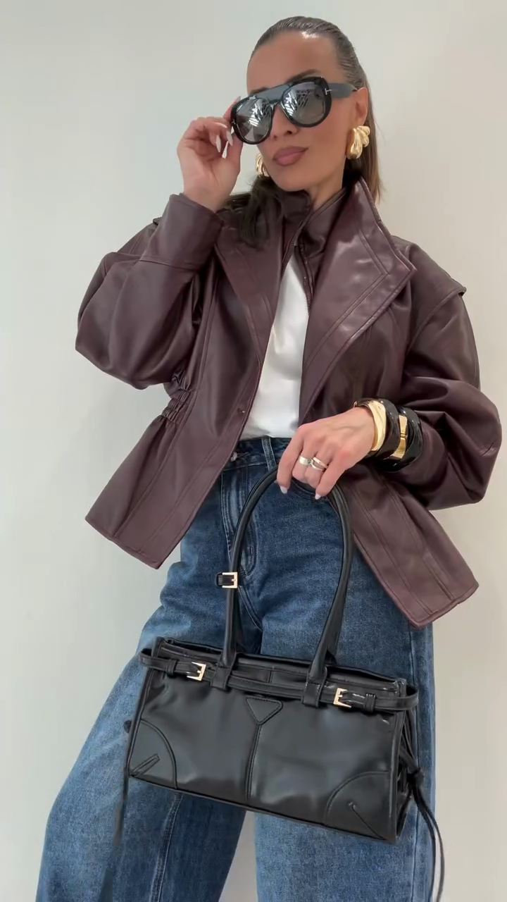 Faux Leather Peplum Jacket with Puff Sleeves