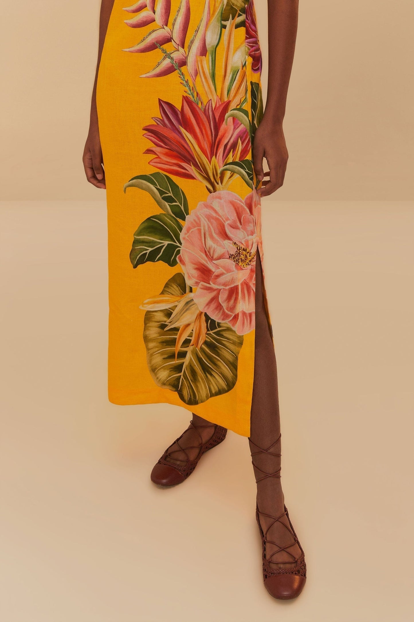 Yellow Floral Print Puff Sleeve Midi Dress