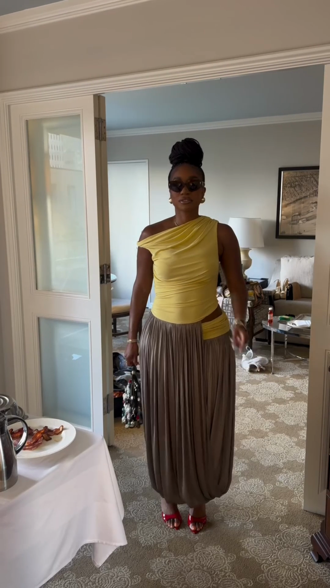 Yellow One - shoulder Top and Pleated Maxi Skirt Set