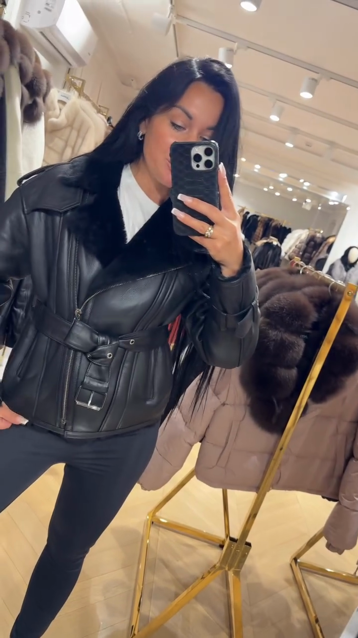Black Shearling - Collar Belted Leather Jacket