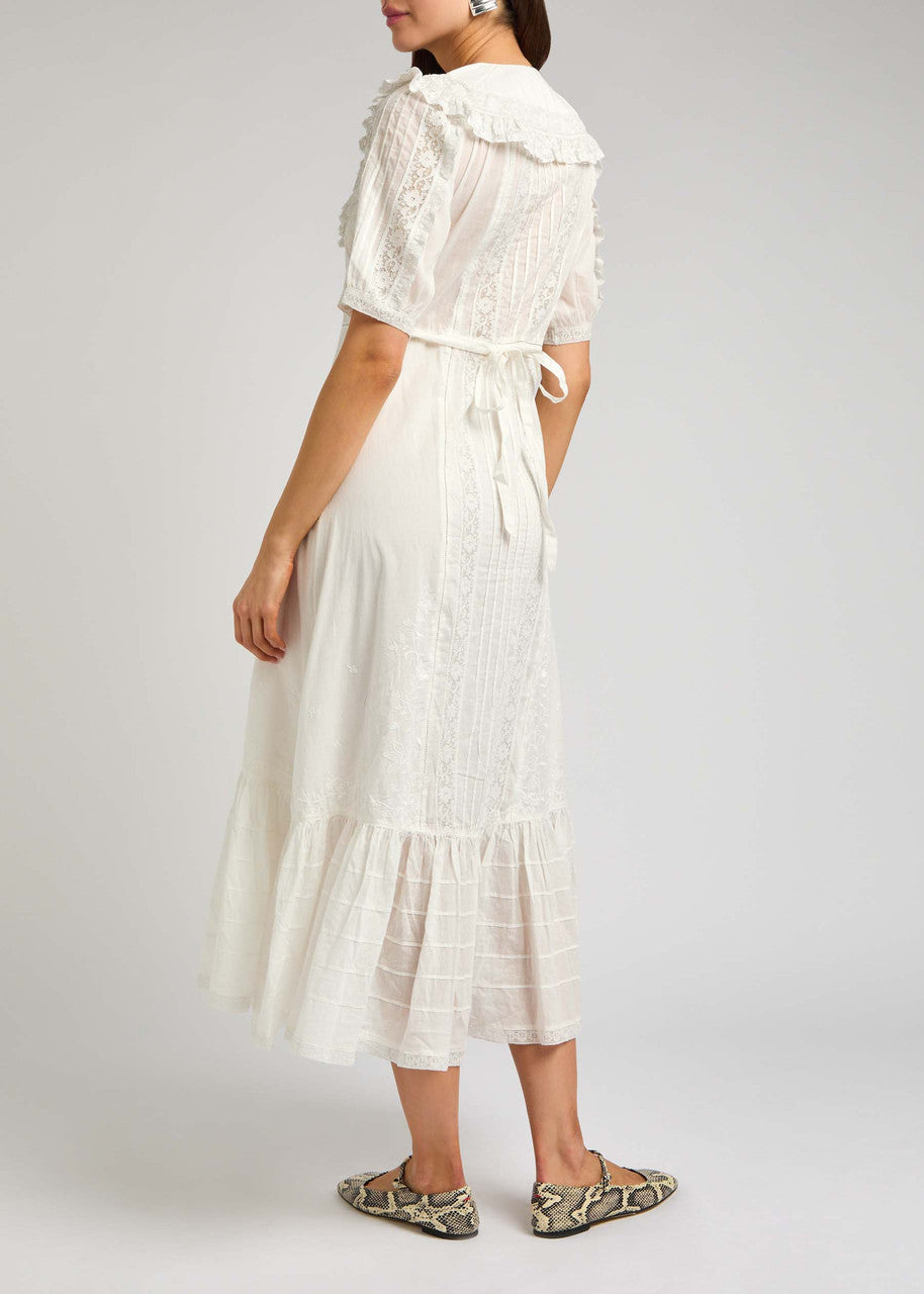 White Embroidered Midi Dress with Ruffled Collar
