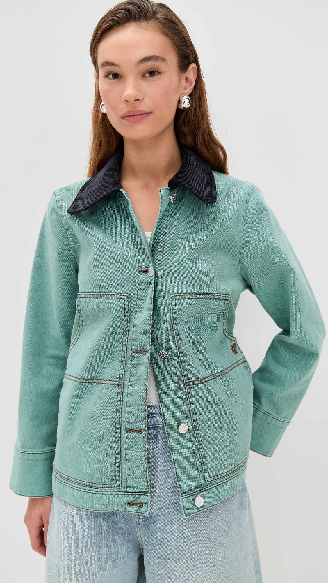 Teal Denim Jacket with Contrast Collar