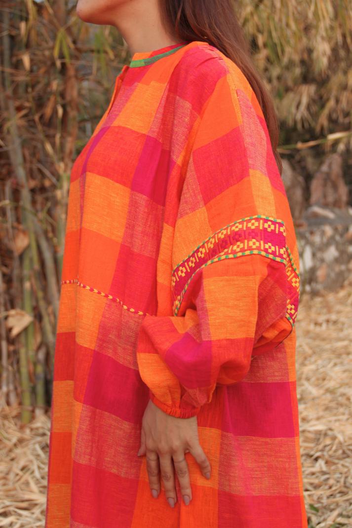 Vibrant Pink and Orange Checkered Maxi Dress
