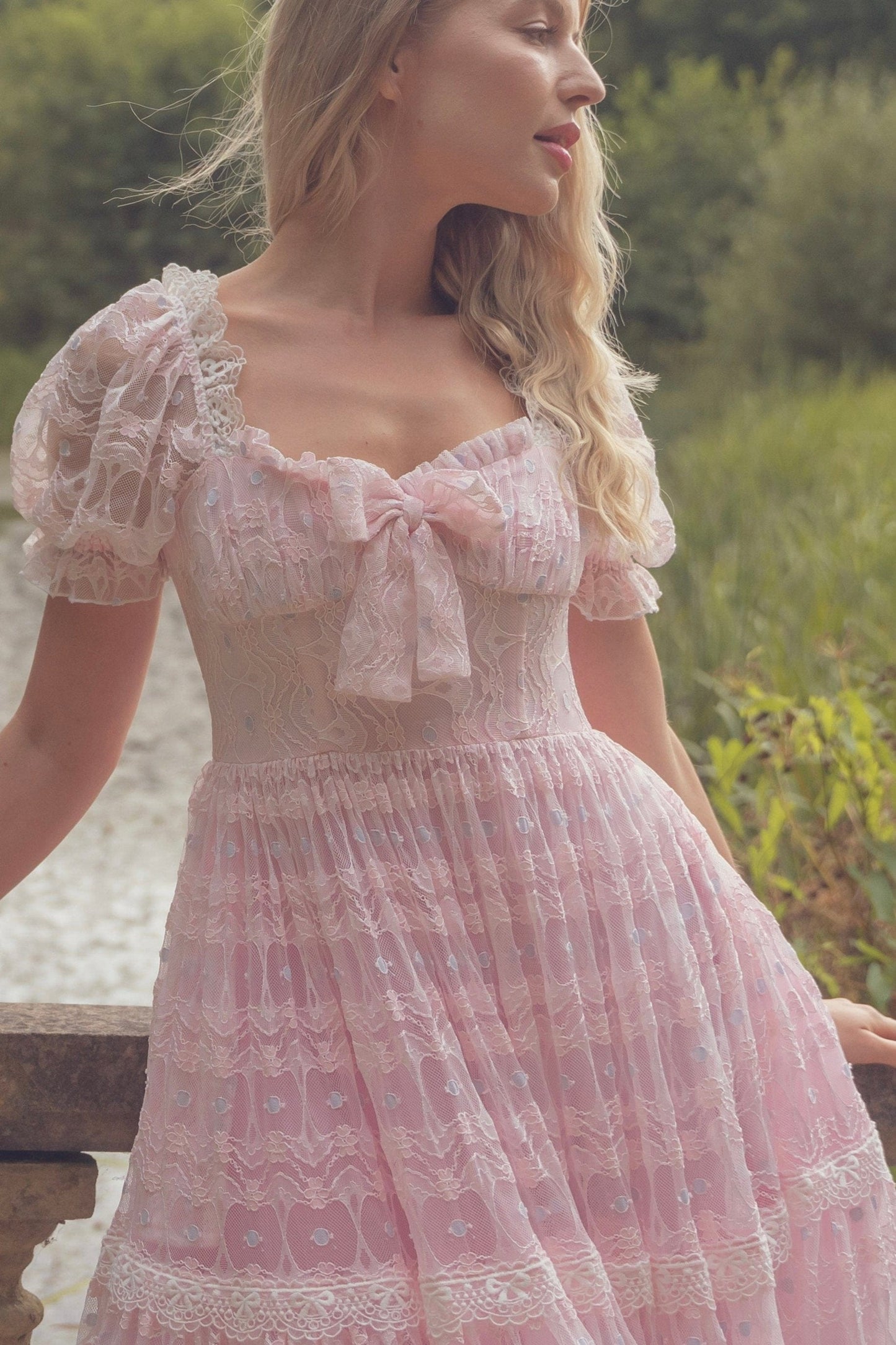 Pink Puff Sleeve Lace Layered Maxi Dress