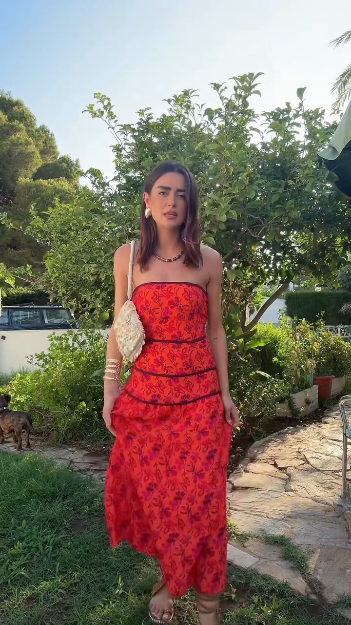 Red Floral - Printed Strapless Midi Dress