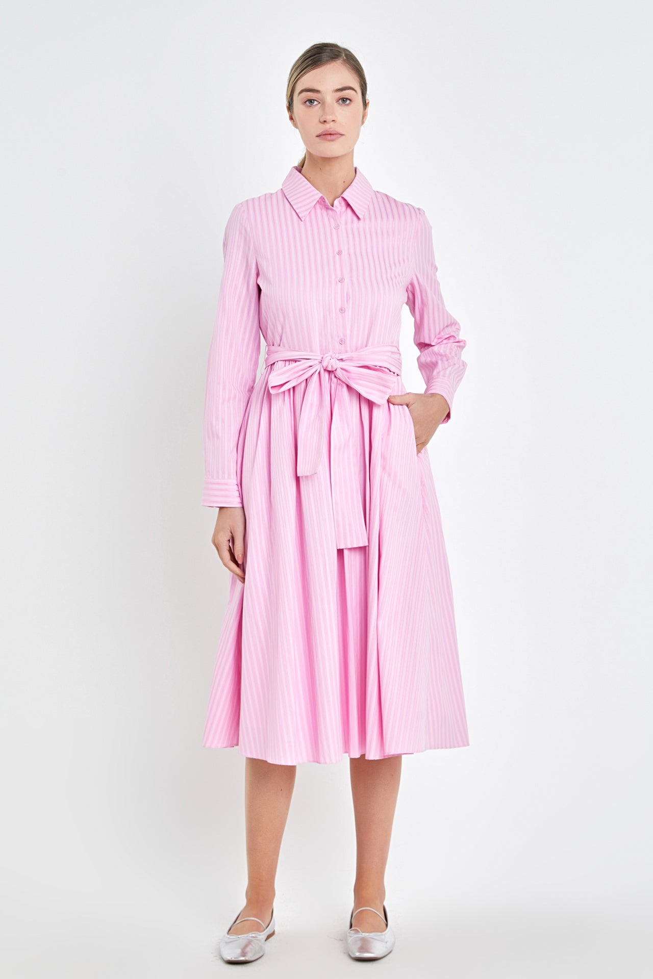Pink Striped Shirt Dress with Belt