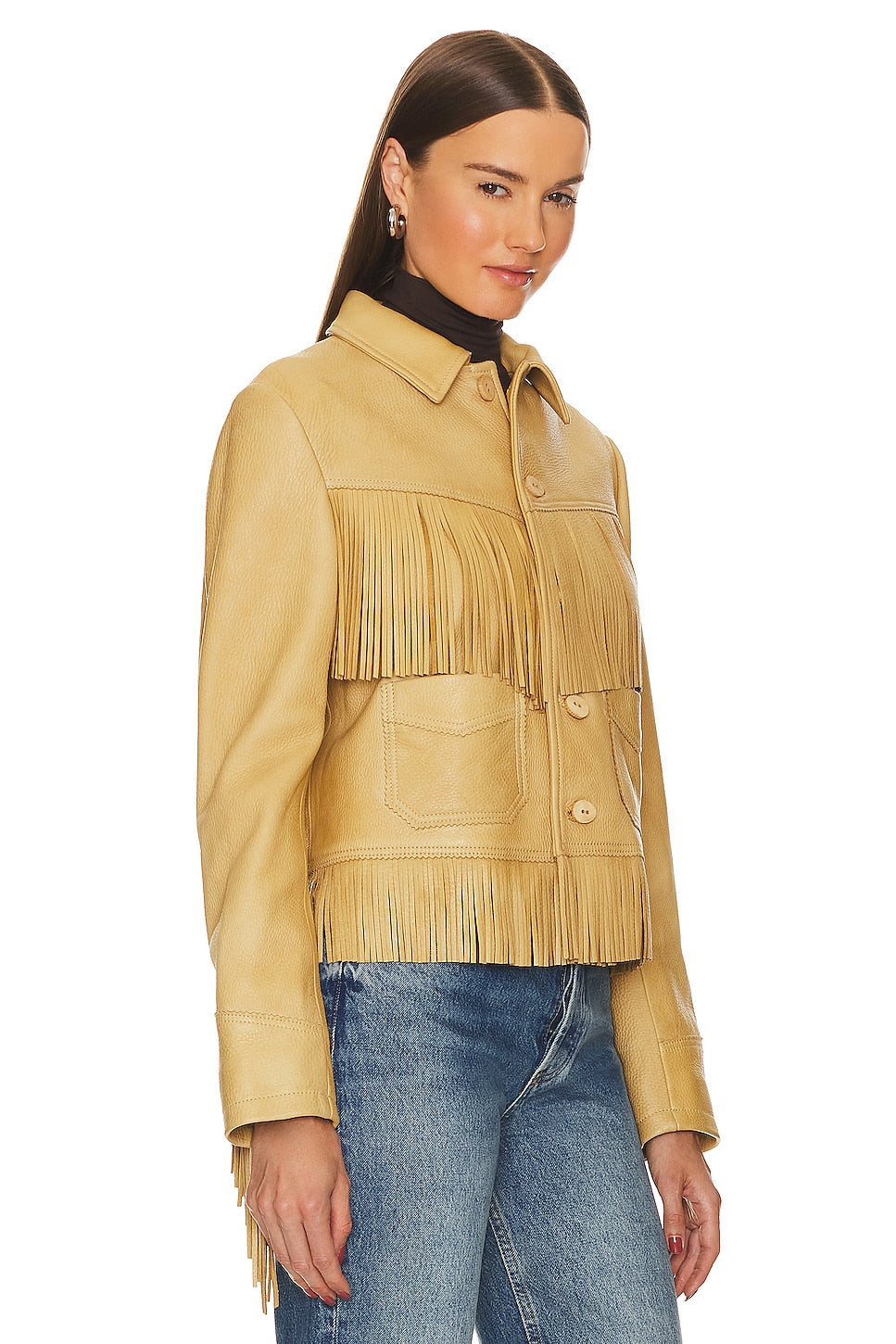 Light Yellow Fringe Leather Jacket