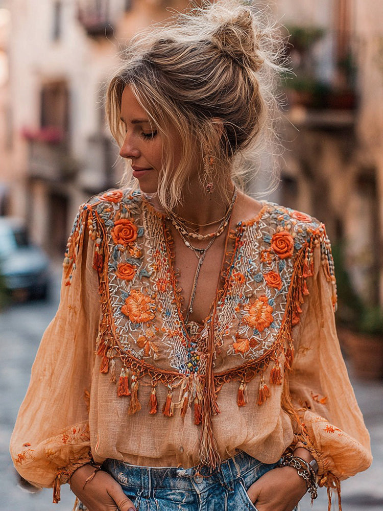 Women's Orange Rose Embroidery Casual V-neck Shirt