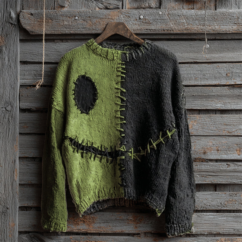 Halloween Spooky Face Contrast Stitched Cozy Knit Sweater