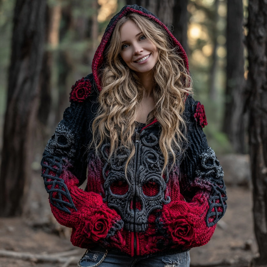 Women's Vintage Viking Tribal Celtic Skull Gradient Art Cozy Knitted Hooded Cardigan