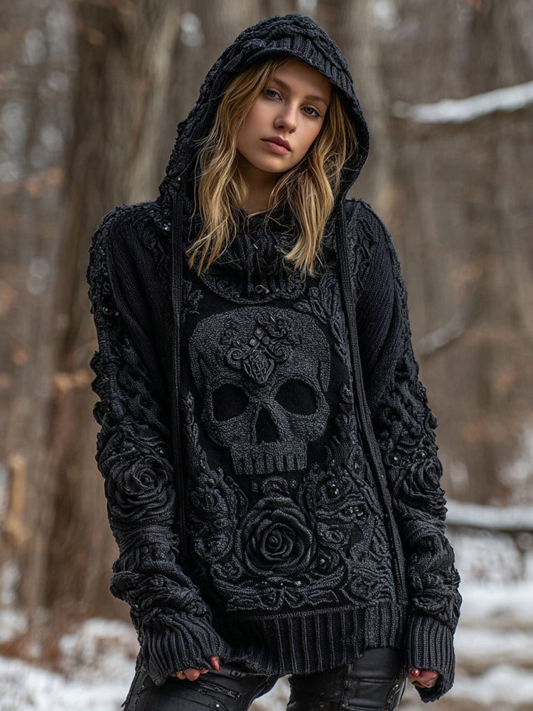 Women's Vintage Celtic Knot Skull And Roses Knitted Hooded Sweater