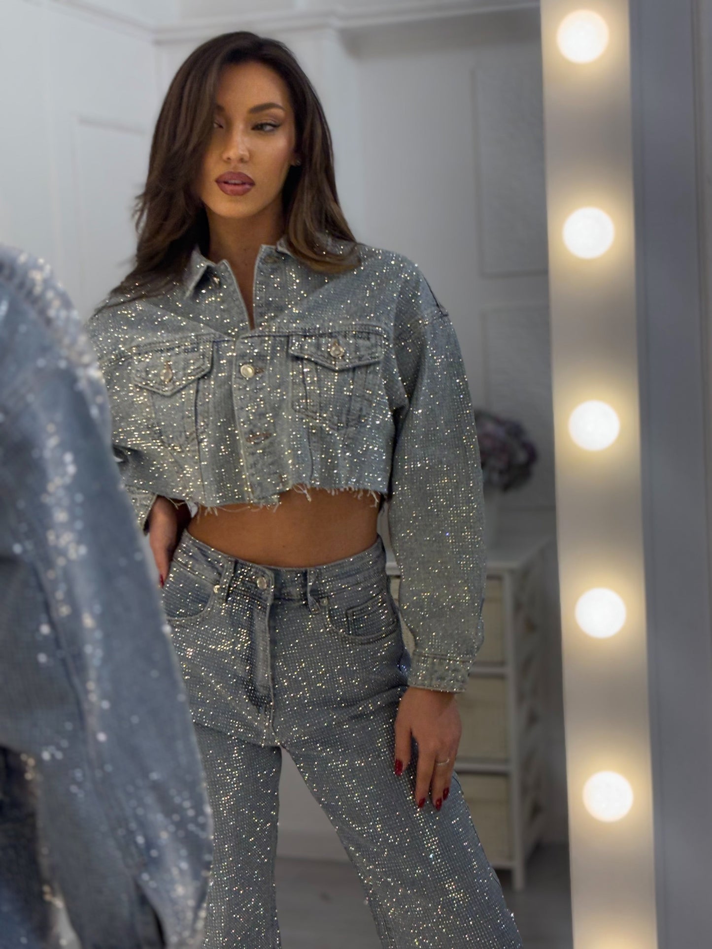 Silver Sequin Denim Crop Jacket & Pants Set