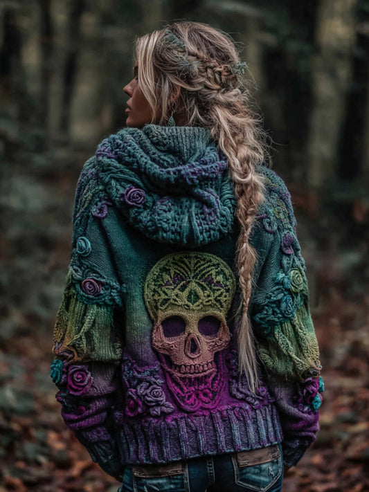 Women's Vintage Viking Skull And Rose Gradient Art Knit Hooded Sweater