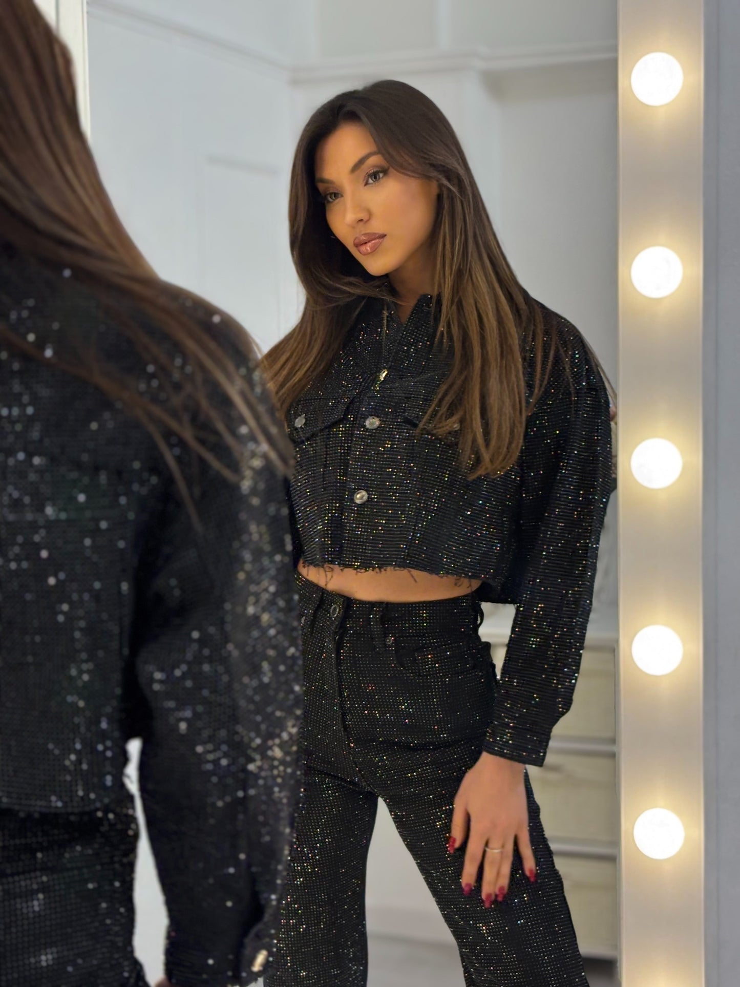 Silver Sequin Denim Crop Jacket & Pants Set