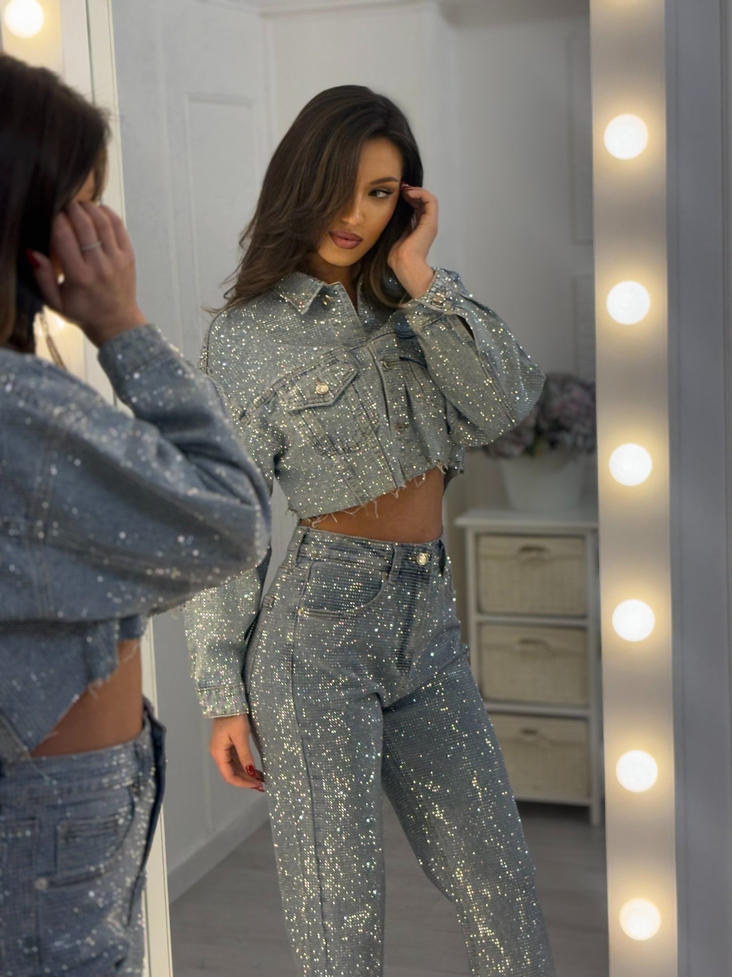 Silver Sequin Denim Crop Jacket & Pants Set