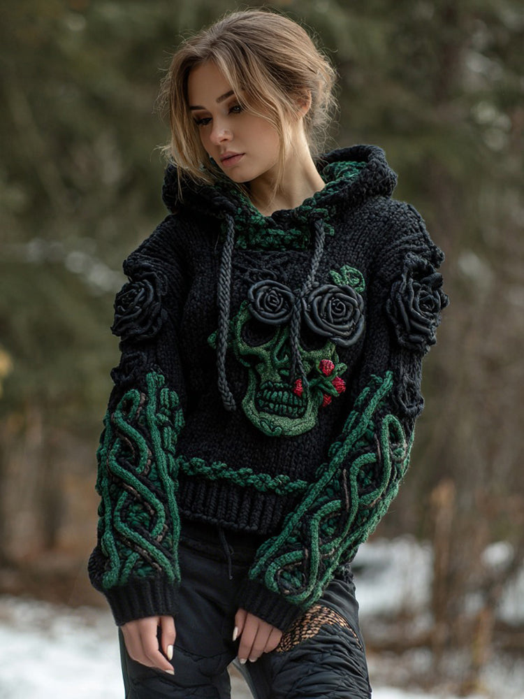 Women's Vintage Celtic Knot Skull And Rose Patchwork Hooded Sweater