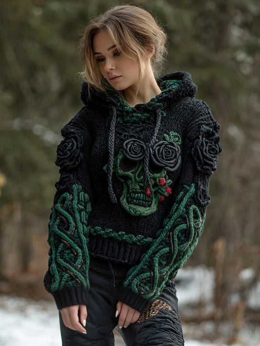 Women's Vintage Celtic Knot Skull And Rose Patchwork Hooded Sweater