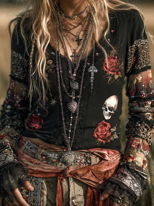 Women's Patchwork Floral Skull Long-sleeved Vintage Top