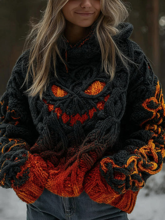 Women's Halloween Spooky Pumpkin Art Gradient Vintage Cozy Knit Hooded Sweater