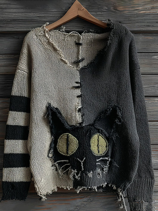 Halloween Green-eyed Black Cat Patchwork Knitted V-neck Sweater