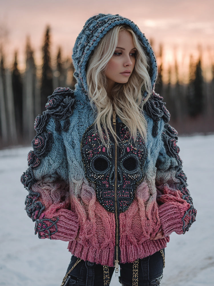 Women's Vintage Celtic Skull Gradient Art Cozy Knitted Hooded Cardigan