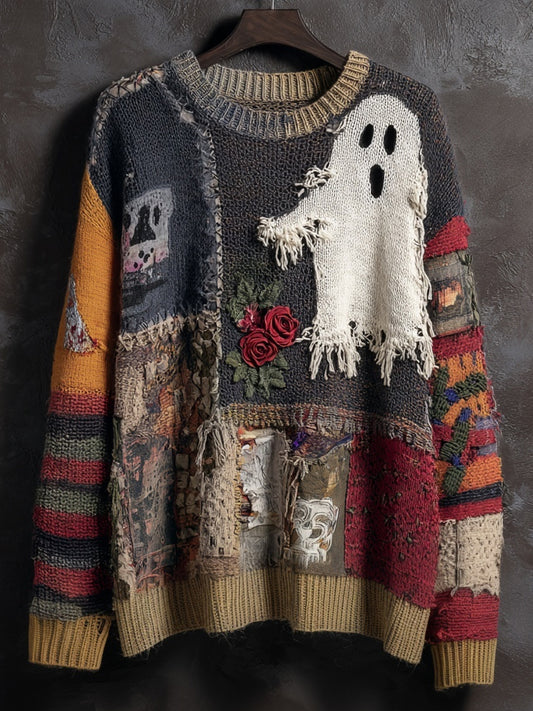 Halloween Ghost & Roses Embroidered Patchwork Cozy Knitted Sweater