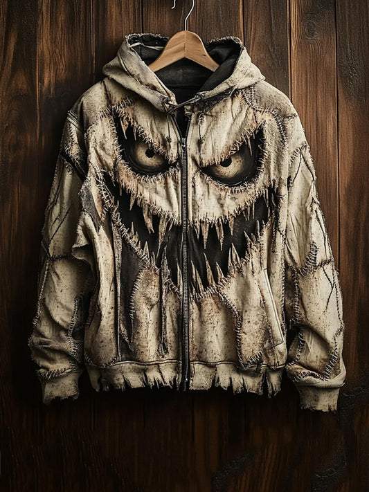 Halloween Horror Scary Face Stitch Patchwork Pattern Washed Men's Zip-up Hoodie