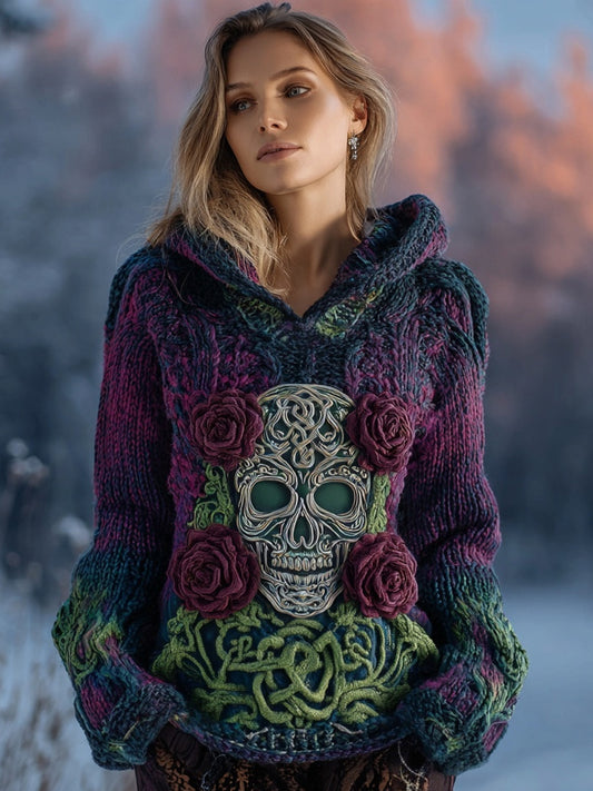 Vintage Roses Viking Celtic Skull Hooded Cozy Knit Sweater