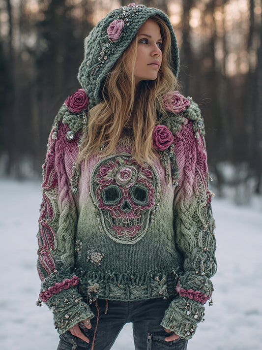 Women's Vintage Skull Flower Gradient Art Cozy Knitted Hooded Sweater