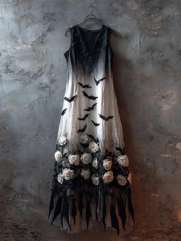 Halloween Bat Floral Gothic Art Women's Vest Maxi Dress