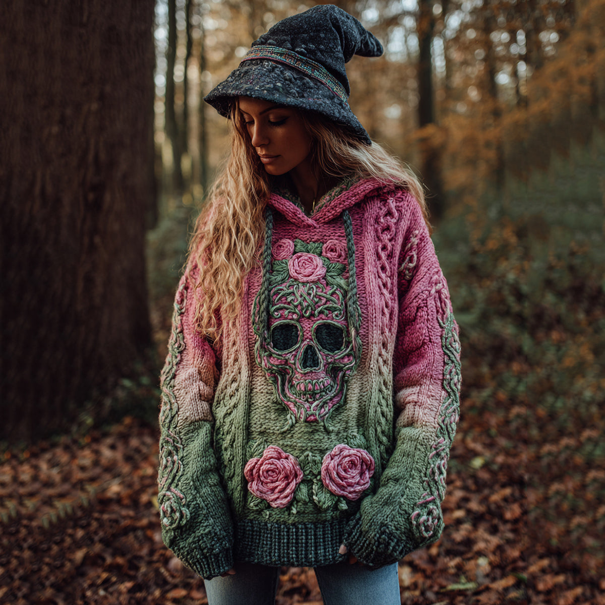 Women's Viking Tribal Jacquard Celtic With Rose And Skull Inspired Chunky Knit Hooded Sweater