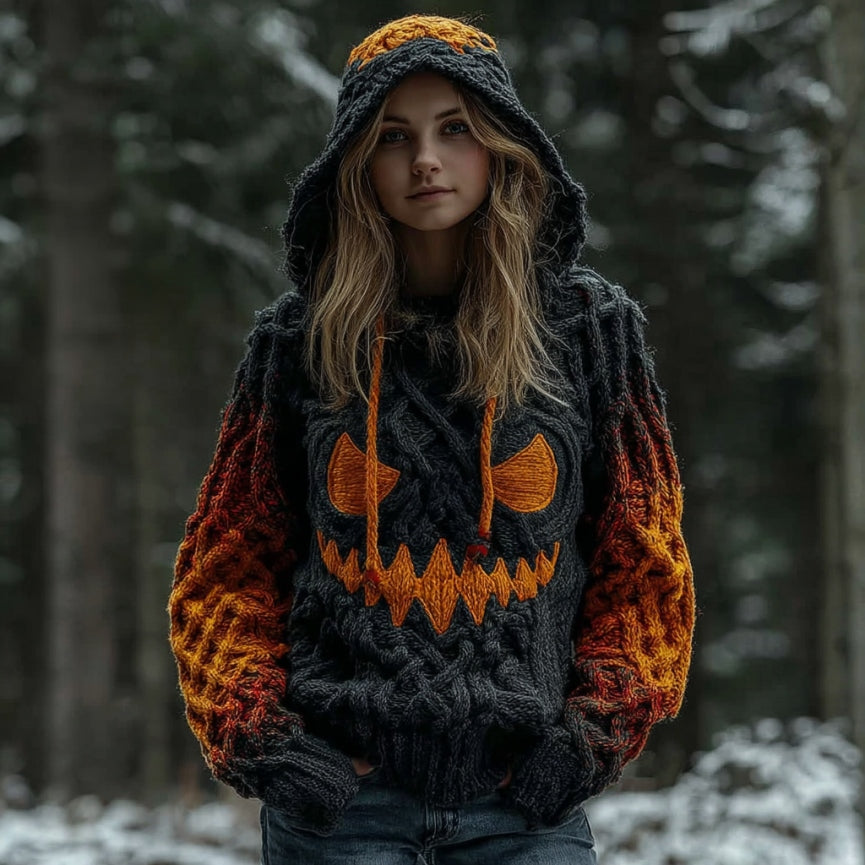 Women's Halloween Spooky Pumpkin Art Gradient Vintage Cozy Knit Hooded Sweater