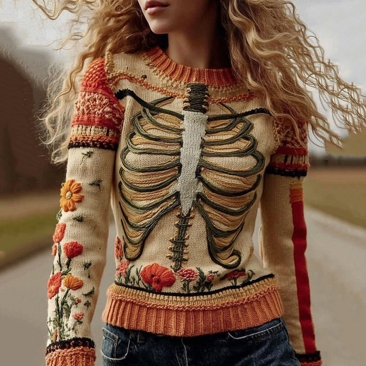 Vintage Halloween Anatomy With Floral Art Chunky Knitted Sweater