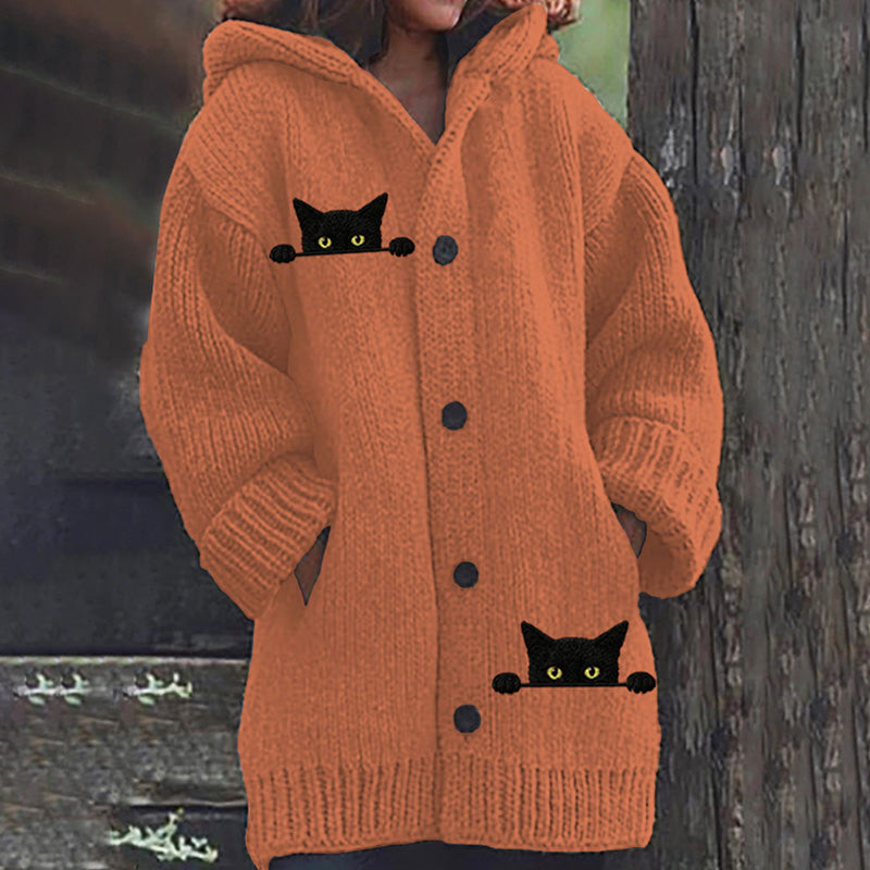Women's Casual Funny Black Cat Print Hood Sweater