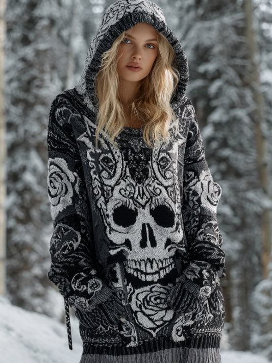 Halloween Skeleton Element Viking Style Women's Hooded Pullover Knit Sweater