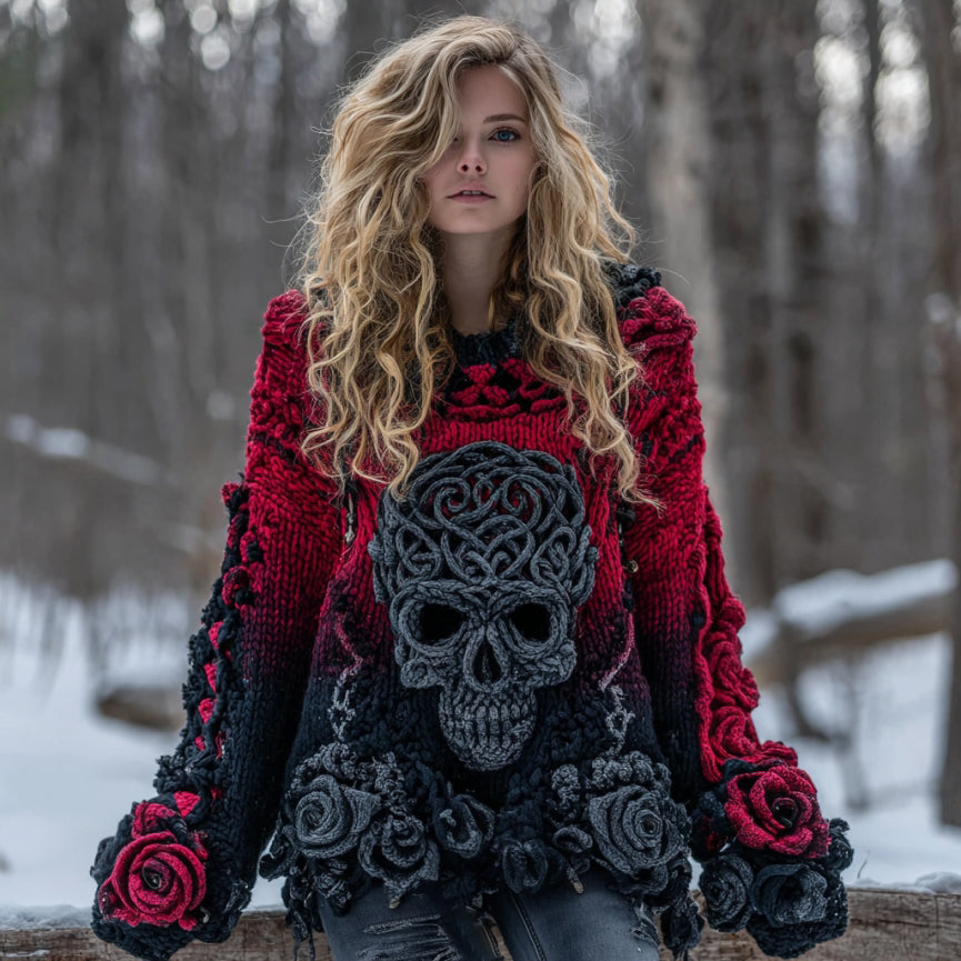 Women's Vintage Rose And Skull Gradient Art Cozy Knit Sweater