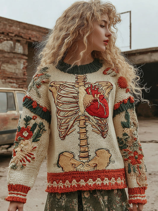 Vintage Halloween Anatomy With Floral Art Chunky Knitted Sweater