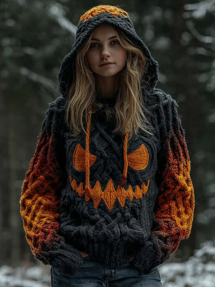 Women's Halloween Spooky Pumpkin Art Gradient Vintage Cozy Knit Hooded Sweater