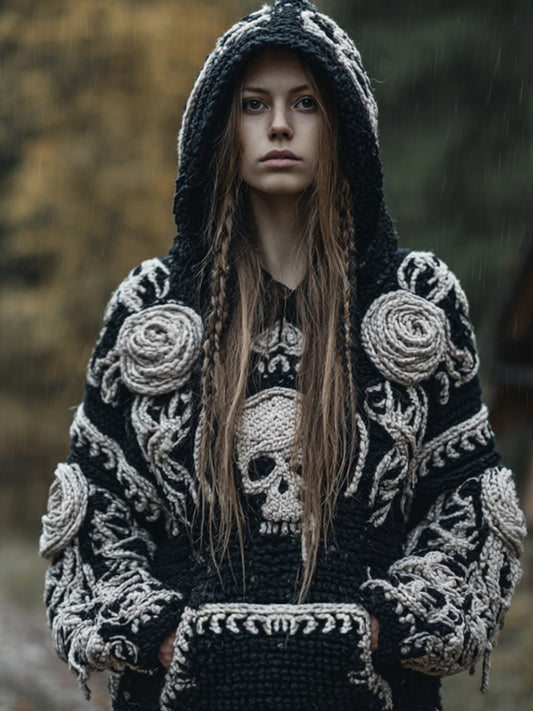 Women's Black And White Rose-skull Pattern Vintage Hooded Sweater