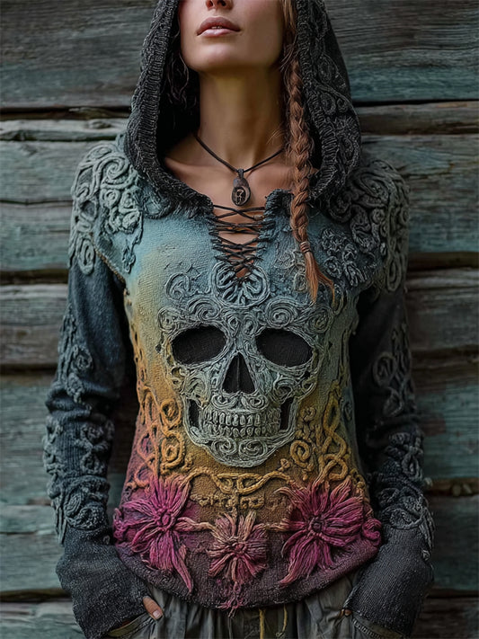 Vintage Skull Floral Gradient Celtic Knit Hooded Sweater